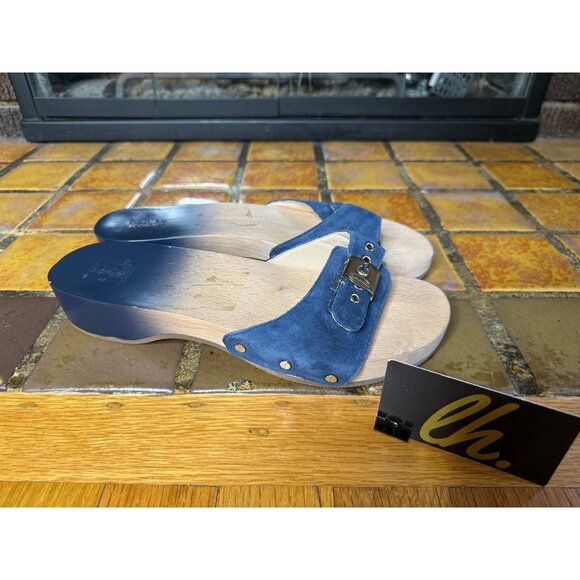 Women’s 10 Dr. Scholls Original Collection Blue Leather Wooden Orthopedic Clogs - Picture 1 of 8